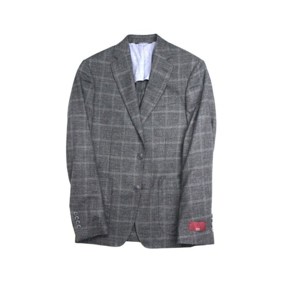 ZANELLA Mens Gray Single Breasted, Plaid Regular Fit Wool Blend Sport Coat 42R